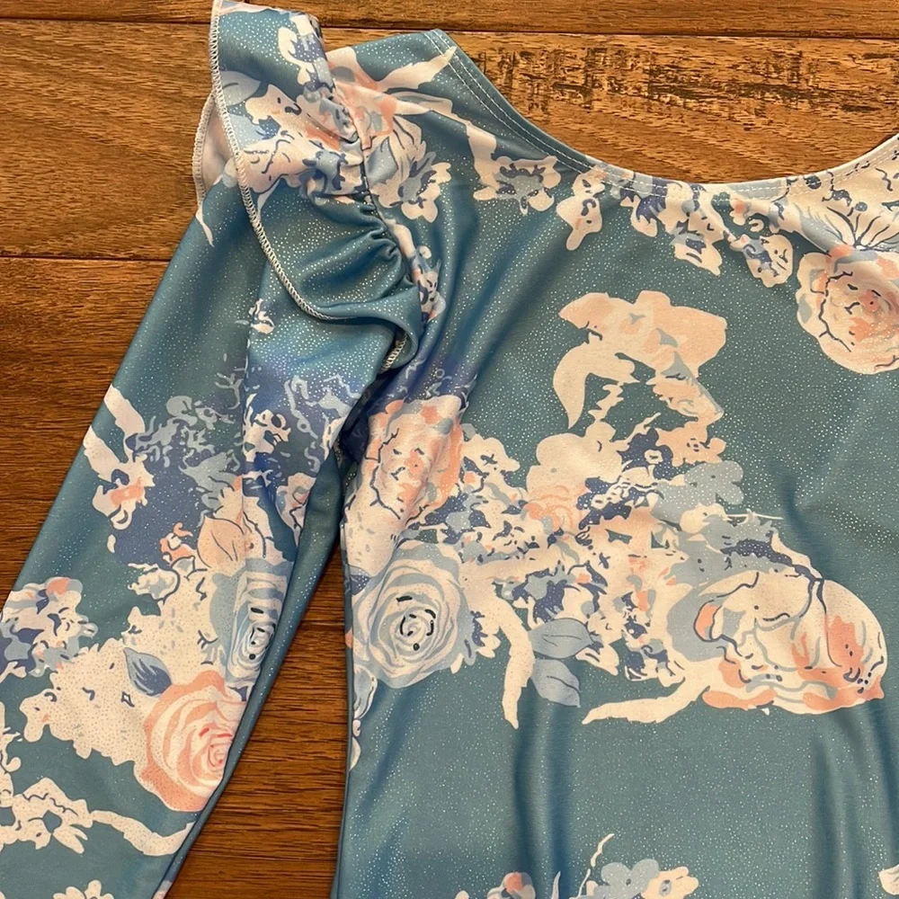 Girls Long-Sleeve Shabby Chic Blue Gymnastics Leotard Dance Leotard - Size 150